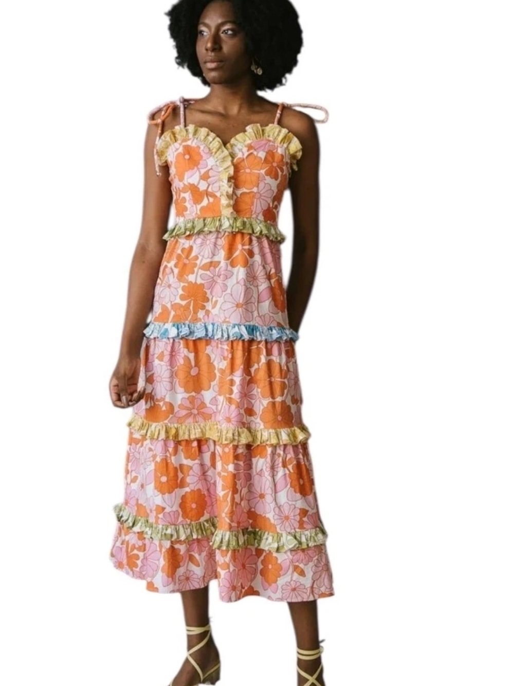 CeliaB Orange and Pink Floral Tiered Ruffle Midi Dress